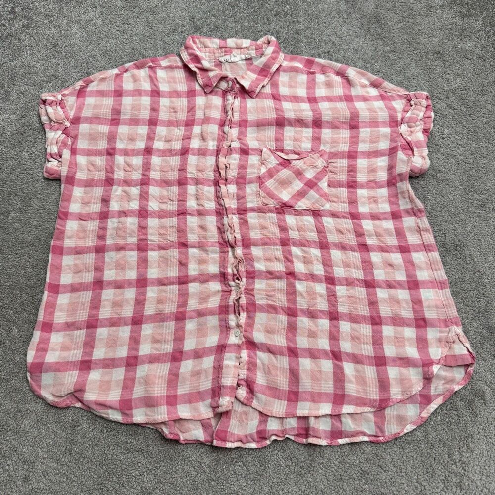 Jane Delancey Button Front Shirt Women XL Pink Gingham Plaid Rayon Casual Top